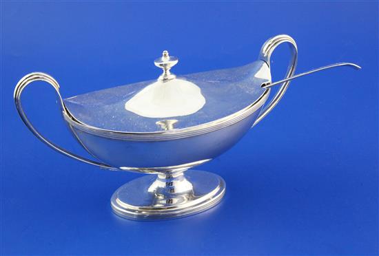 A George III silver Adam style sauce tureen by William Frisbee & sauce ladle, 12.5 oz.